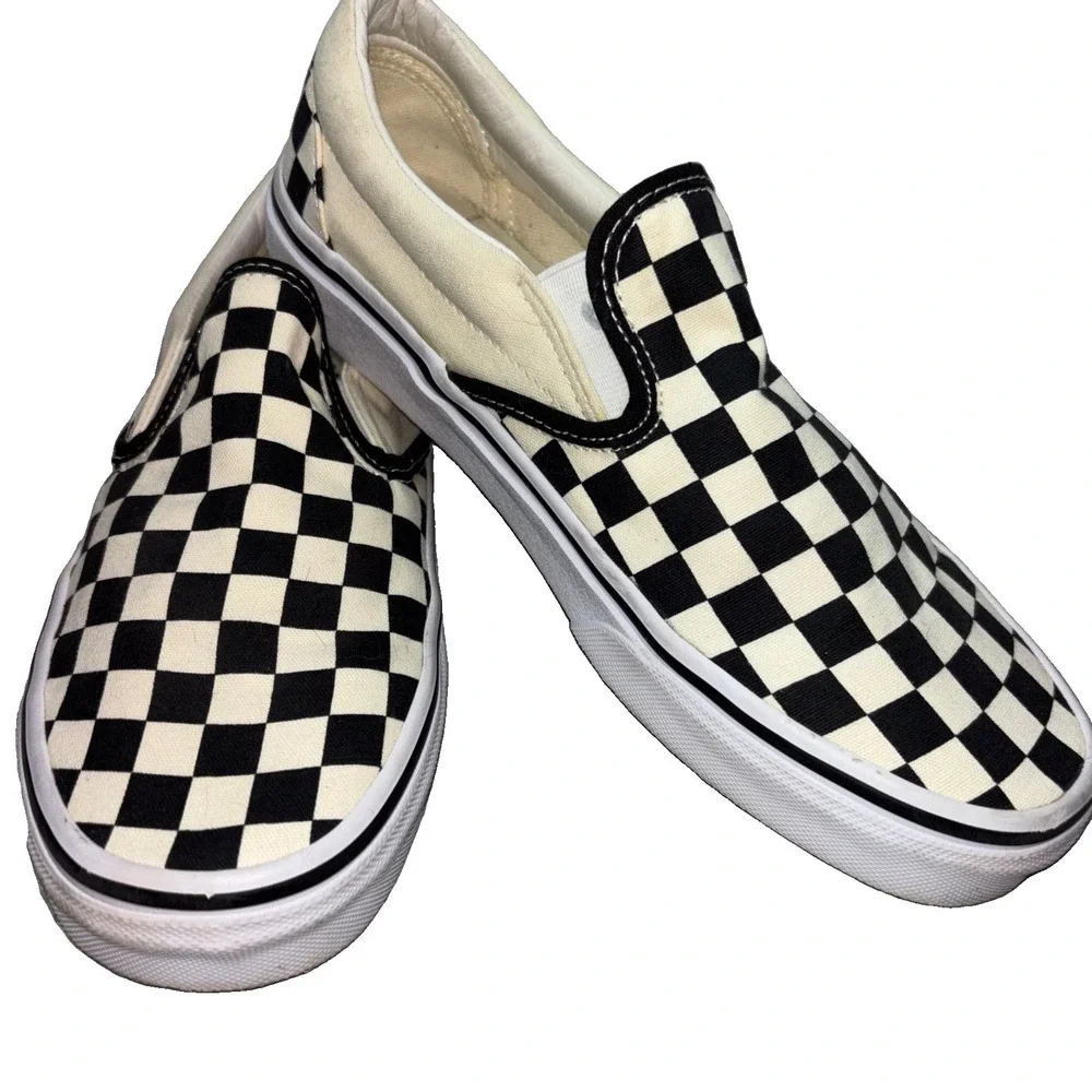 Off the Wall Black and Cream Checkered Canvas Slip On  Men 7.5